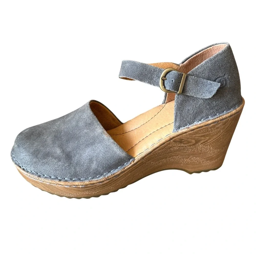 Born Womens 8M Grey Blue Suede Wedge Sandals Ankle Strap Clogs Khele